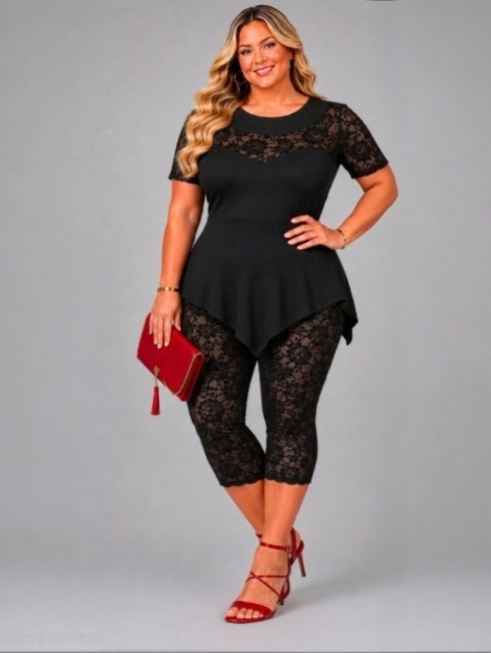 Boutique | Elegant Chic Black Floral Lace Peplum Hanky Hem Top | Size 2XL